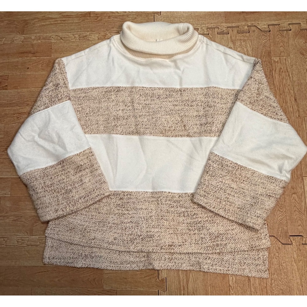 Womens Super Soft Colorblock Turtleneck Sweater Cream Tan Marl Striped L